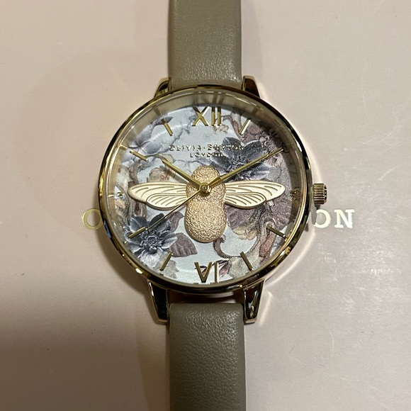 OLIVIA BURTON MARBLE FLORALS WATCH WITH 34mm 3D BEE FACE & SAND LEATHER BAND - Picture 1 of 5